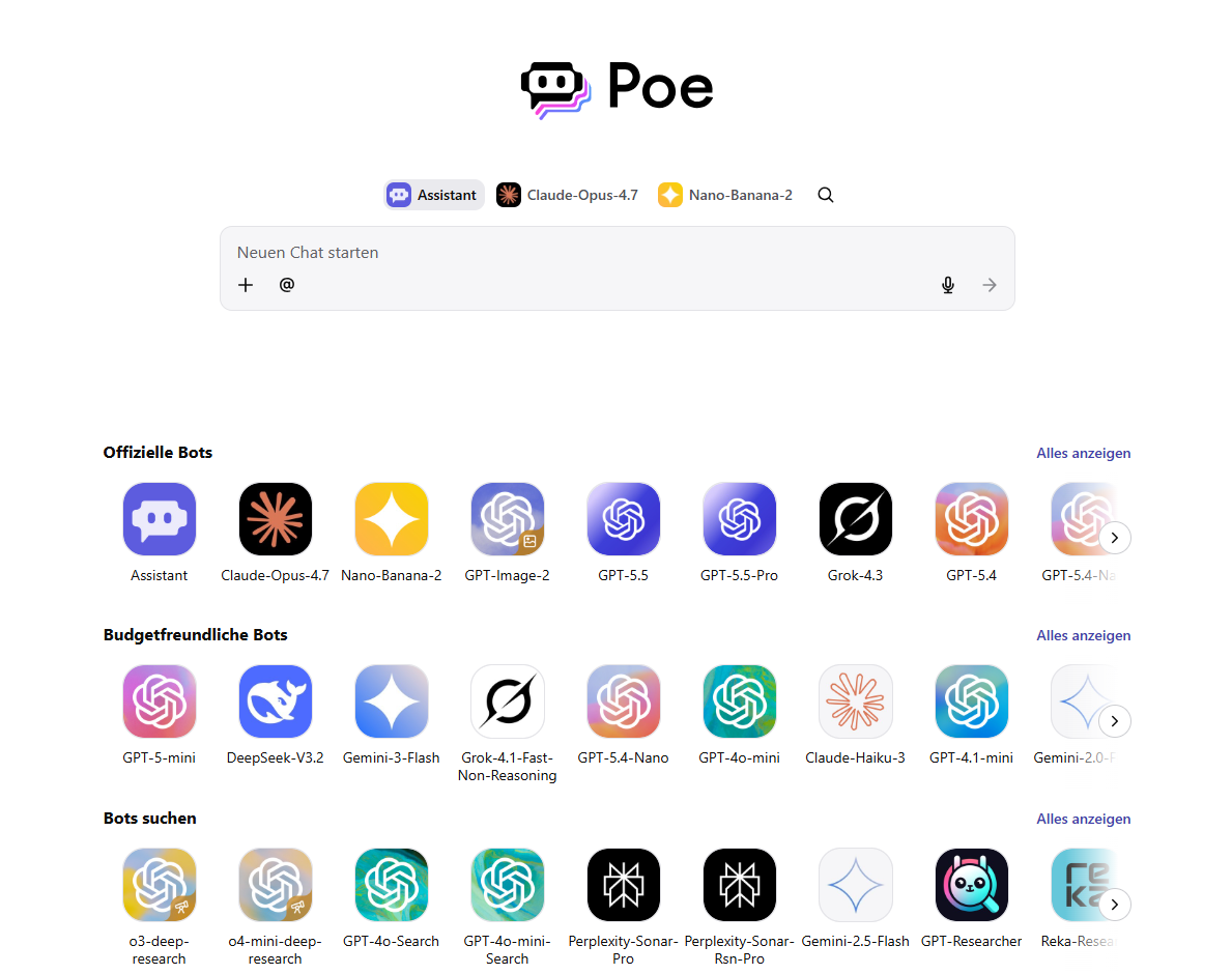 Screenshot aus poe.com zeigt eine Auswahl der KIs, mit denen du auch ein KI-Komitee erstellen kannst.