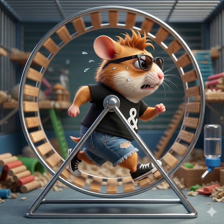 Ein plüschiger Hamster rennt ihn einem Hamsterrad. Raus aus dem Hamsterrad: Mit KI-Projekten systematisch arbeiten