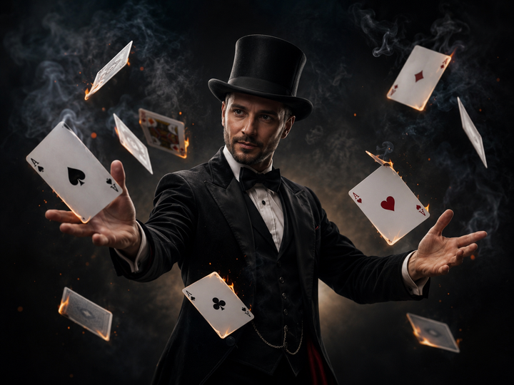 Magier jongliert mit z.T. brennenden Spielkarten, alle sind Asse. Kontext statt Promptmythos beim Schreiben mit KI.